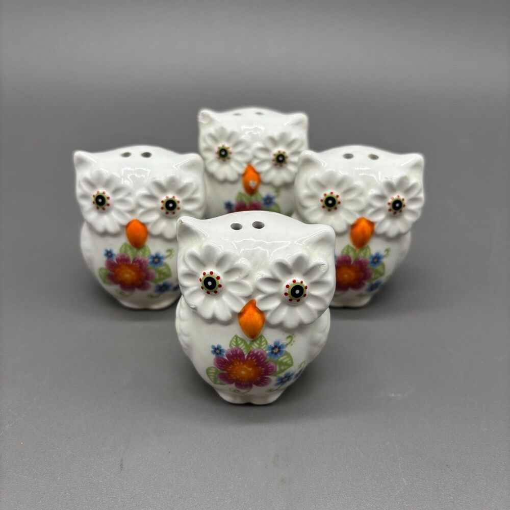 Vintage Owl Salt Shakers Ceramic White Floral Kitchen Decor Lot of 4 Replacement